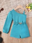 Girl's 2PCS Buckle Belt One-sleeve Top + Solid Shorts Set Trendy 2-PIECE Summer Outfit