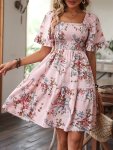 Shirred Floral Print Ruffle Hem Dress Elegant Square Neck Short Sleeve Dress For Spring & Summer Women's Clothing