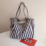 Striped Print Casual Canvas Bag Large Capacity Portable Shoulder Bag Simple Design Shopping Tote Bag