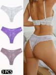 3 Pcs Sexy Lacy Trim Briefs Breathable Semi-sheer Thong Women's Lingerie & Underwear