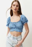Blue Crop Sleeve Detailed Woven Blouse - Blue