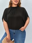 Plus Size Casual T-Shirt Women's Plus Solid Batwing Sleeve Round Neck Cut Out Tie Back Loose Fit T-Shirt