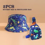 2PCS Set Of Boy's Planet Dinosaur Bucket Hat & Dinosaur Bag Suitable For Boys' Daily Matching And Storage Use For Back-to-school
