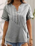 Striped Print Notched Neck Blouse Casual Short Sleeve Button Front Blouse For Spring & Summer Women's Clothing