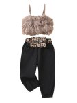 Fluffy Crop Top Black Pants And Leopard Belt
