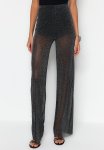 Wide Leg Lined Shiny Knitted Mesh Trousers - Black