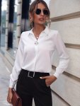 Solid Lapel Slim Shirt Elegant Long Sleeve Shirt For Spring & Fall Women's Clothing