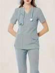 Solid Color 2PCS Modern Scrub Set V-neck 2 Pockets Scrub Top + Elastic Waist Scrub Bottoms Breathable & Comfortable Health Care