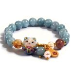 Lucky Cat Bracelet With Blue Crystal Ceramic Cat Pendant Feng Shui Good Luck Jewelry For Women Wealth & Protection Bracelet