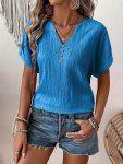 Button Front Notched Neck Blouse Casual Solid Short Sleeve Blouse For Spring & Summer Women's Clothing
