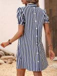 Striped Button Back Dress Casual Puff Short Sleeve V-neck Dress Women's Clothing