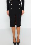 Smart Crepe Buttoned Midi Slit Stretch Knitted Skirt - Black