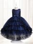 Girls Elegant & Fancy Sleeveless Fake Pearls Decor Bowknot Front Tiered Mesh Tutu Dress With Flowers Design For Party & Ball