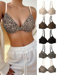 5PCS Leopard & Solid T-Shirt Bras Comfy & Breathable Push Up Bra Women's Lingerie & Underwear