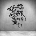 Woman With Flowers Line Drawing - Rust Coat L 800 X H 1000MM