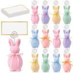 Qunclay 12 Pcs Easter Flocked Bunny Place Card Holder With 24 Gold Foil White Card Bow-tied Bunny Spring Colorful Easter Table D