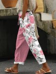 Floral Print Elastic Waist Striped Pants Casual Color Block Multiple Pockets Lace Up Pants Women's Clothing