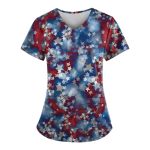 4TH Of July Scrubs For Women V Neck Short Sleeve Printed Tops Cartoon Pattern Plus Size Nursing With Pockets Blues M