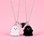 Fashion Ghost Couple Necklace Set 2 Pcs Black And White Alloy Ghost Pendant With Split Heart Charm Unisex Non-plated Jewelry For