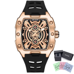 - Men Luxury Rubber Strap Skeleton Tonneau Watch - Rose Gold