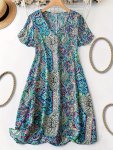 Plus Size Paisley Print V Neck Dress Elegant Short Sleeve Dress For Spring & Summer Women's Plus Size Clothing