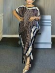 Plus Size Geometric Pattern Maxi Kaftan Dress Elegant Crew Neck Batwing Sleeve Dress Women's Plus Size Clothing