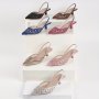 Women's Rhinestone Decor Kitten Heels Pointed Toe Mesh Hollow Slip On Sandals Party & Dress Low Heels