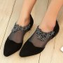 Women's Rhinestone Flowers Low Heels Mesh Stitching Pointed Toe Back Zipper Sandals Fashion All-match Going Out Shoes