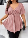 Plus Size Twist Front Eyelet Solid T-Shirt Casual V Neck Short Sleeve T-Shirt Women's Plus Sizeclothing
