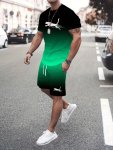 Men's Casual Crew Neck T-Shirt & Drawstring Shorts Set With Gradient Color & Leopard Print Soft Breathable Polyester & Spandex B