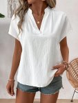 Solid Color V Neck Blouse Elegant Short Sleeve Arc Hem Split Blouse Women's Clothing