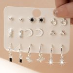 9 Pairs Exquisite Preppy Minimalist Style Earrings Set Silver Plated Black Rhinestones Gems Bean Moon Star Stud Earrings Earring
