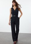 Belted Striped Long Jumpsuit - Navy Blue
