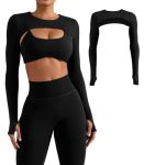 Yeoreo Women Crop Top Long Sleeve Bolero Open Front Workout Cropped Shirts Sports Shrug Without Bra Black M