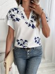 Plant Print Notch Neck Blouse Casual Short Sleeve Blouse For Spring & Summer Women's Clothing