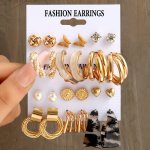 12 Pairs Set Stud Earrings & Hoop Earrings Exquisite Butterfly Design Faux Pearl Shiny Rhinestone Decor Leisure Style Delicate