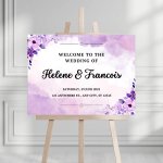 Black Purple White Modern Floral Wedding Welcome Sign - Stylish & Elegant