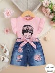 2 Pcs Mama Figure Graphic Flutter Sleeve T-Shirt + Shorts Leggings With Belt Girl's Set Holiday Casual Going Out Summer Clothes