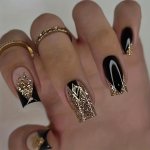 Pink & Black French Tip Press On Nails Medium Length Square Fake Nails With Golden Glitter Design Luxury Stick On Nails 24 Pcs H