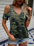 Camouflage Print Cold Shoulder T-Shirt Casual Short Sleeve T-Shirt For Spring & Summer Women's Clothing