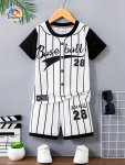 Boys Summer Stripe Letter And Number Print Casual Short Set Baseball Jersey Style Black And White