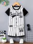 Boys Summer Stripe Letter And Number Print Casual Short Set Baseball Jersey Style Black And White