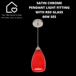 Satin Chrome Pendant Light Fitting With Red Glass - 60W Ses