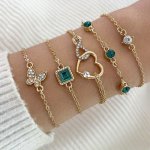 5PCS Love Heart Infinity Symbol Butterfly Thin Chain Bracelet Inlaid Shiny Green Rhinestone Stackable Zinc Alloy Hand Chain Set