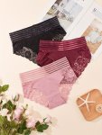 3PCS Solid Contrast Lace Briefs Comfy Breathable Stretchy Intimates Panties Women's Lingerie & Underwear