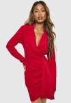 Ruched Drape Long Sleeve Blazer Dress - Red