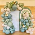 Dusty Green Blue Balloon Garland Arch KIT-136PCS Ash Mist Green Haze Fog Blue Sand White Gold Balloons For Neutral Boho Baby Bri