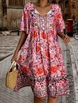 Floral Print Tie Neck Dress Vacation Style Short Sleeve Midi Dress For Spring & Summer Women's Clothing