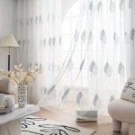 1PC Pastoral Style Leaf Embroidery Sheer Curtain Simple Translucent Tulle Rod Pocket Curtain Embroidery Thin Curtain Suitable Fo