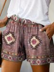 Women's Vintage-inspired Western Geometric Print Drawstring Shorts - Polyester Blend Slight Stretch All-season Knit Fabric
